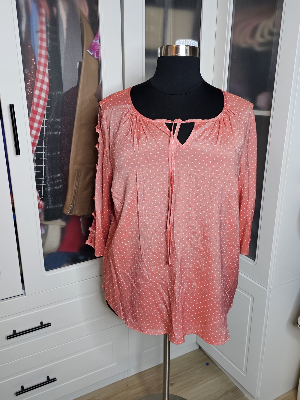 Como Blu Polka Dot Tie-Neck Blouse in Coral Pink
